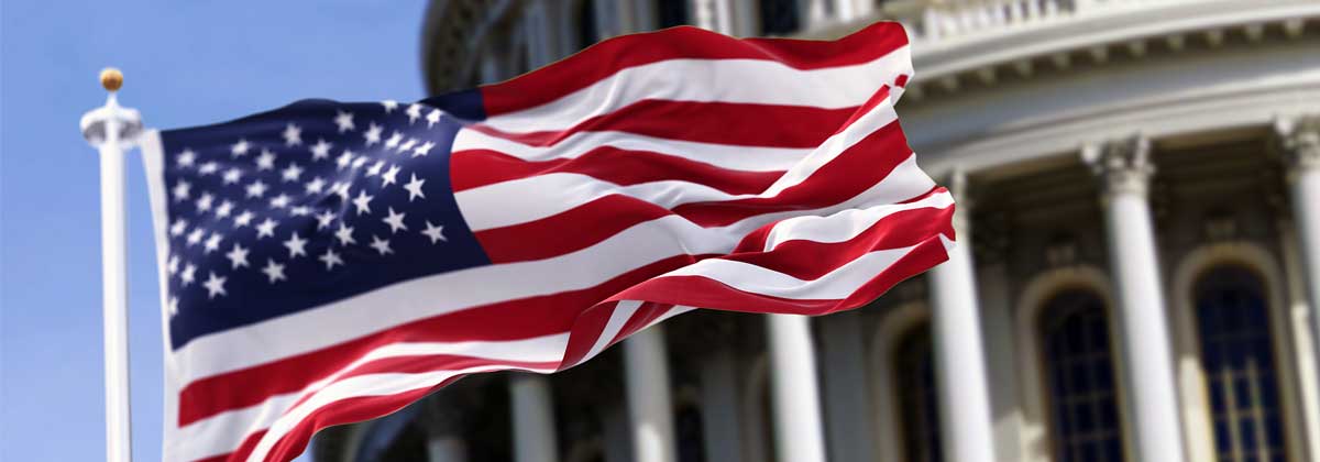 Flag of the united states of america flying in front of the capitol building.